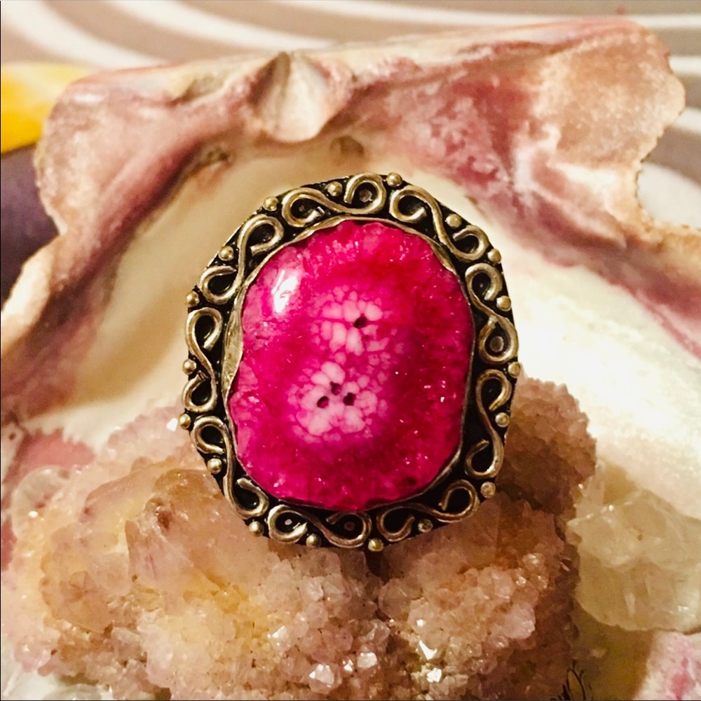 Hot pink solar agate ring. Made in Bali